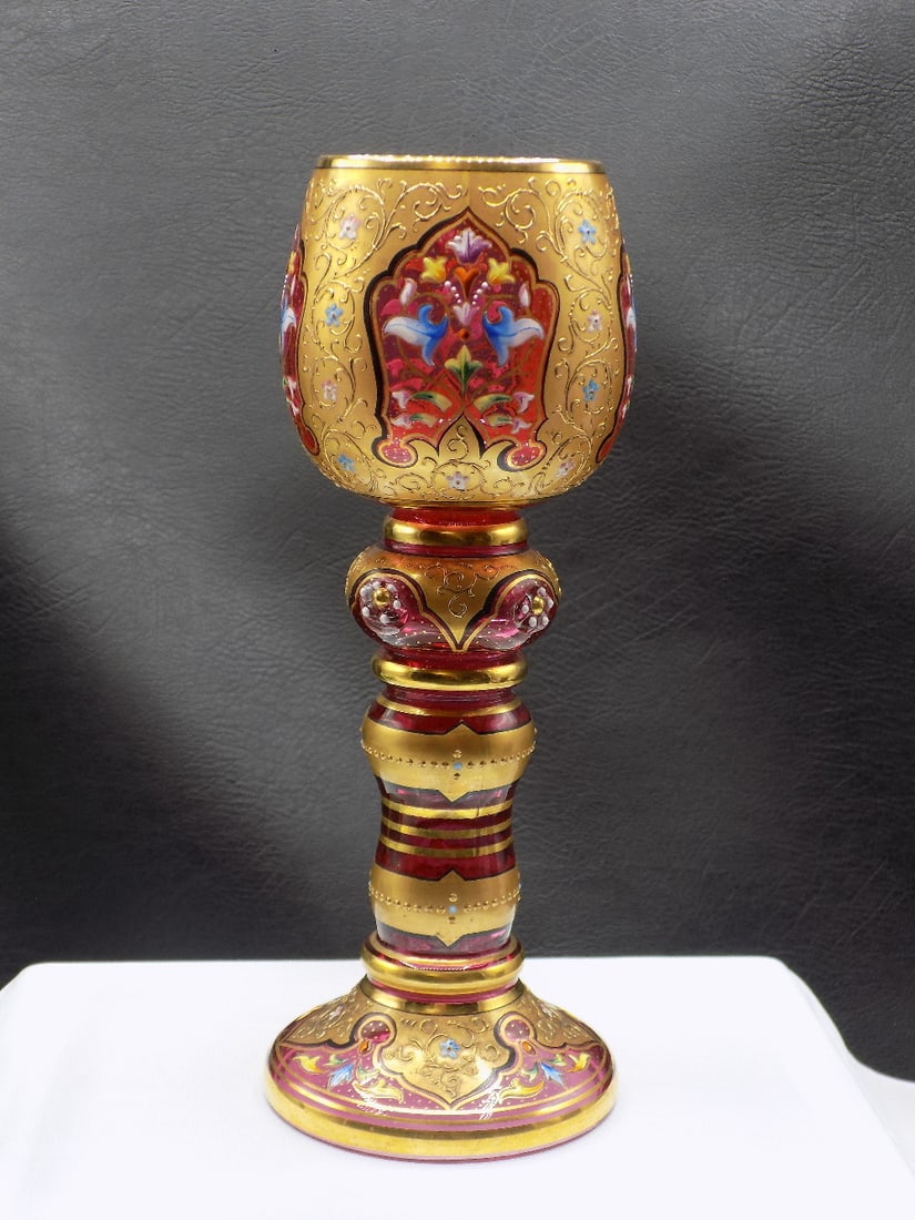 Incredible antique Moser decorated art glass wine glass: Incredible antique Moser decorated art glass wine glass. Elaborate detail. Hand enamel decorated with lots of gold. Beautiful colors. Great quality and detail. In very good original as found condition