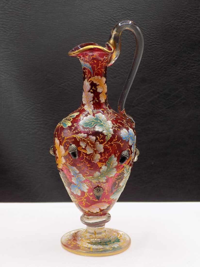 Spectacular antique Moser art glass pitcher with acorns and insect (1 of 13)