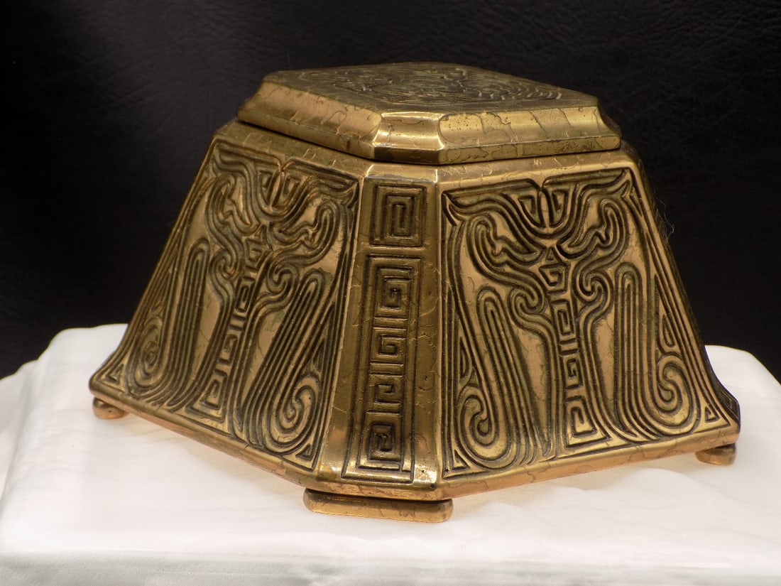Great antique signed Tiffany large decorated bronze inkwell (1 of 9)