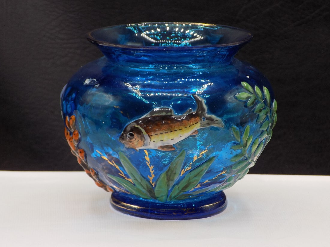 Unusual antique Moser decorated art glass vase fish (1 of 11)