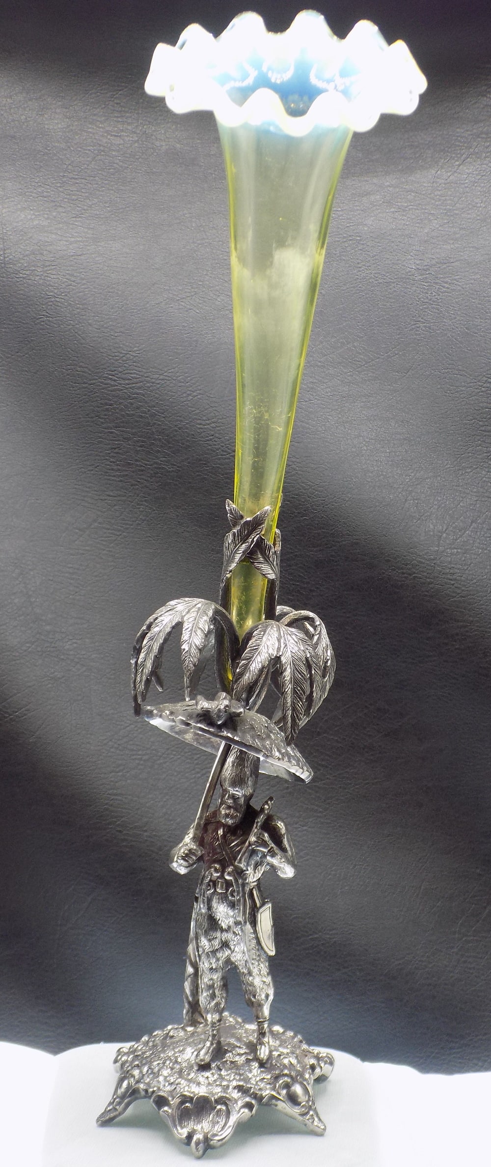 Neat antique figural epergne with Vaseline Uranium  art glass insert (1 of 12)