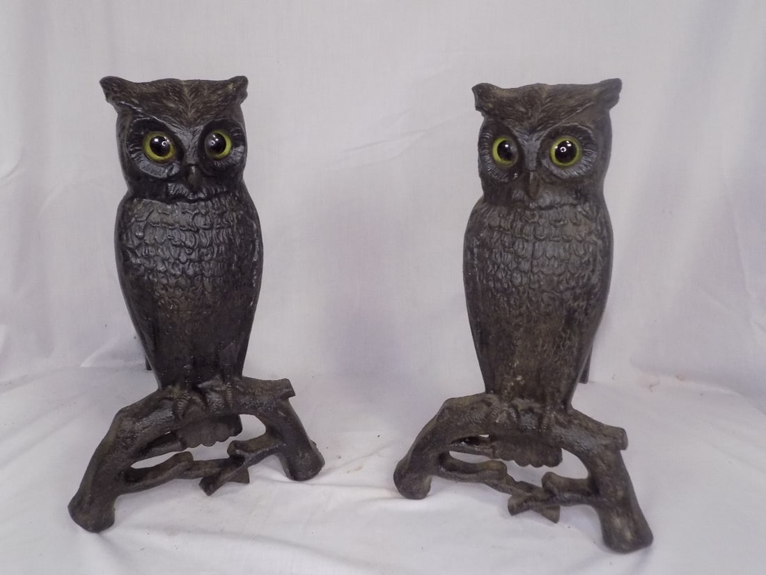 Antique cast iron owl andirons with glass eyes (1 of 9)