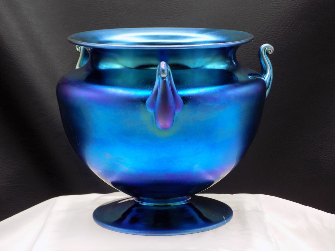 Graceful antique signed Steuben blue aurene art glass pedestal bowl with handles (1 of 9)