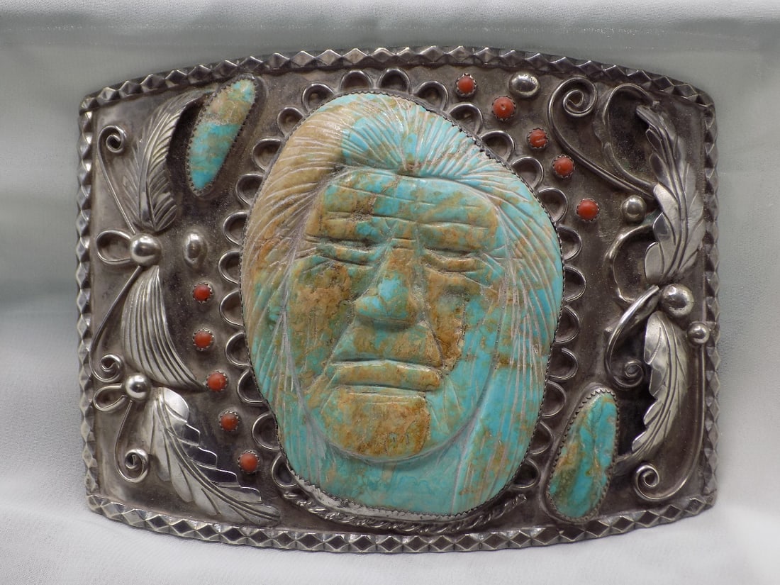 Huge vintage artist signed Native American Indian turquoise, coral and silver belt buckle (1 of 8)