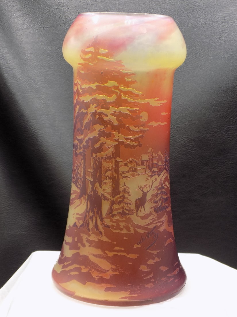 Very nice antique DeVez cameo art glass vase with deer and town (1 of 10)