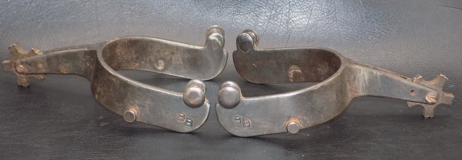 Vintage Bob Blackwood pair of bull riding spurs: Vintage Bob Blackwood pair of bull riding spurs. Marked B.B. as shown in photos. Great quality and detail. In very good original as found condition. Please see photos. 6 inches long x 3 ¼ wide at