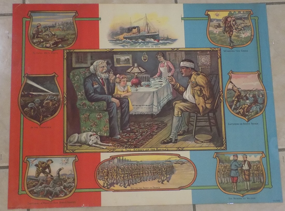 Very fine World War I military poster The Story of the Battles: Very fine World War I military poster The Story of the Battles. Copyright 1918 by Jas. Lee in lower left corner. Beautiful colors. Great quality and detail. In very good original as found condition. P