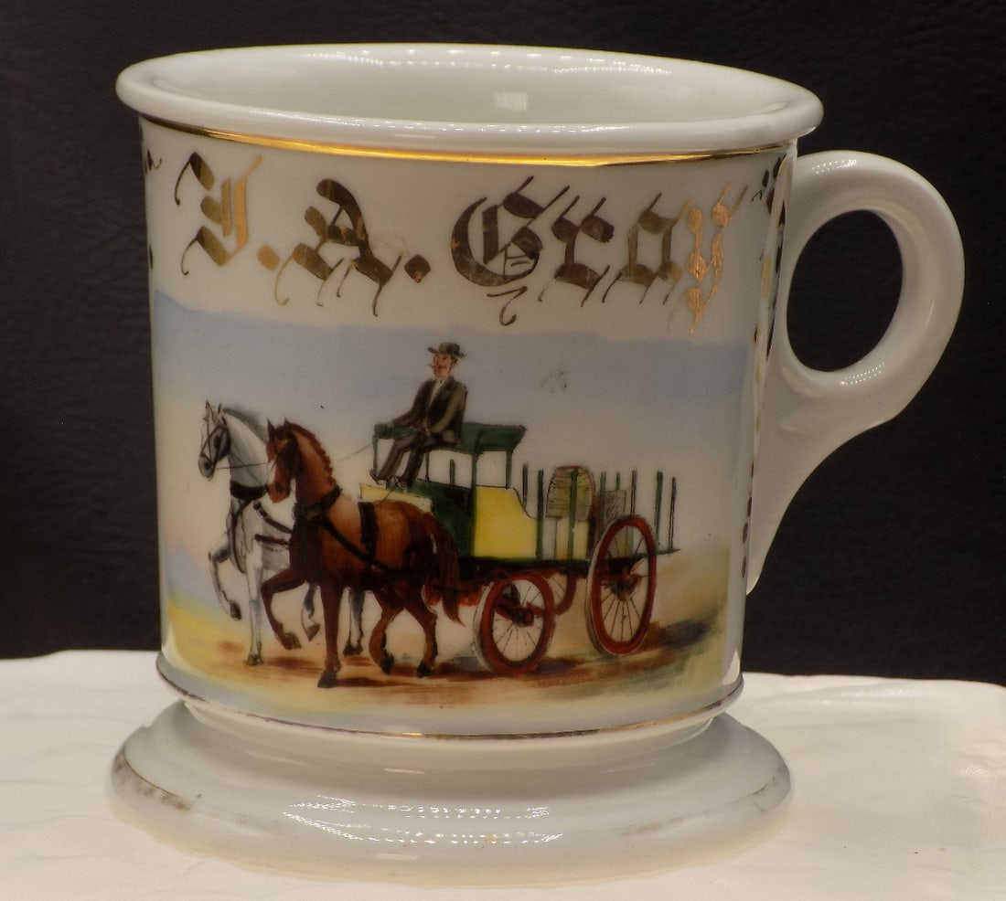 Splendid late 1800s Occupational Shaving Mug  Two Horse Delivery Wagon with Driver (1 of 8)