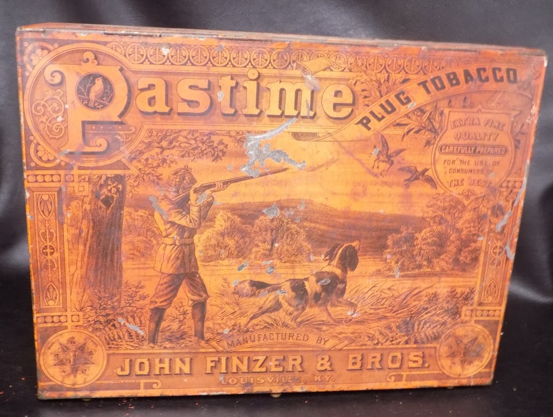 Highly illustrated Antique Pastime plug tobacco tin advertising box (1 of 8)