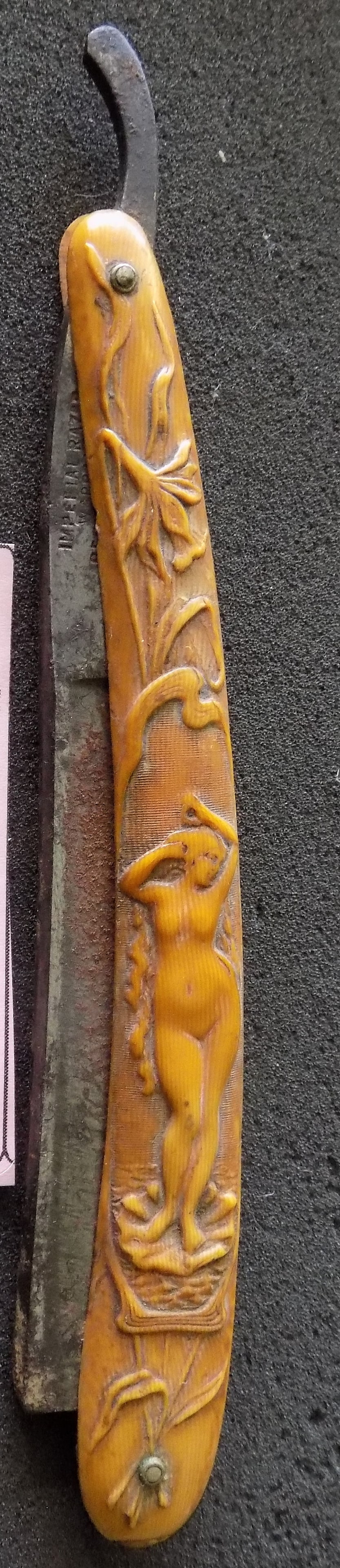 Art Nouveau nude female straight razor.: Art Nouveau nude female straight razor. In good original as found condition with wear on blade normal from use and age. Great quality and detail. Marked on blade as shown in photo. 6 inches long close