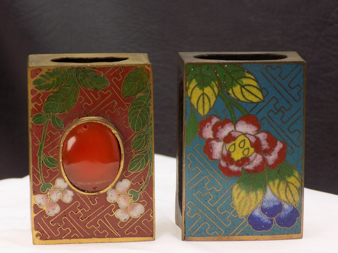 Two very nice vintage Oriental cloisonne match box holders (1 of 5)