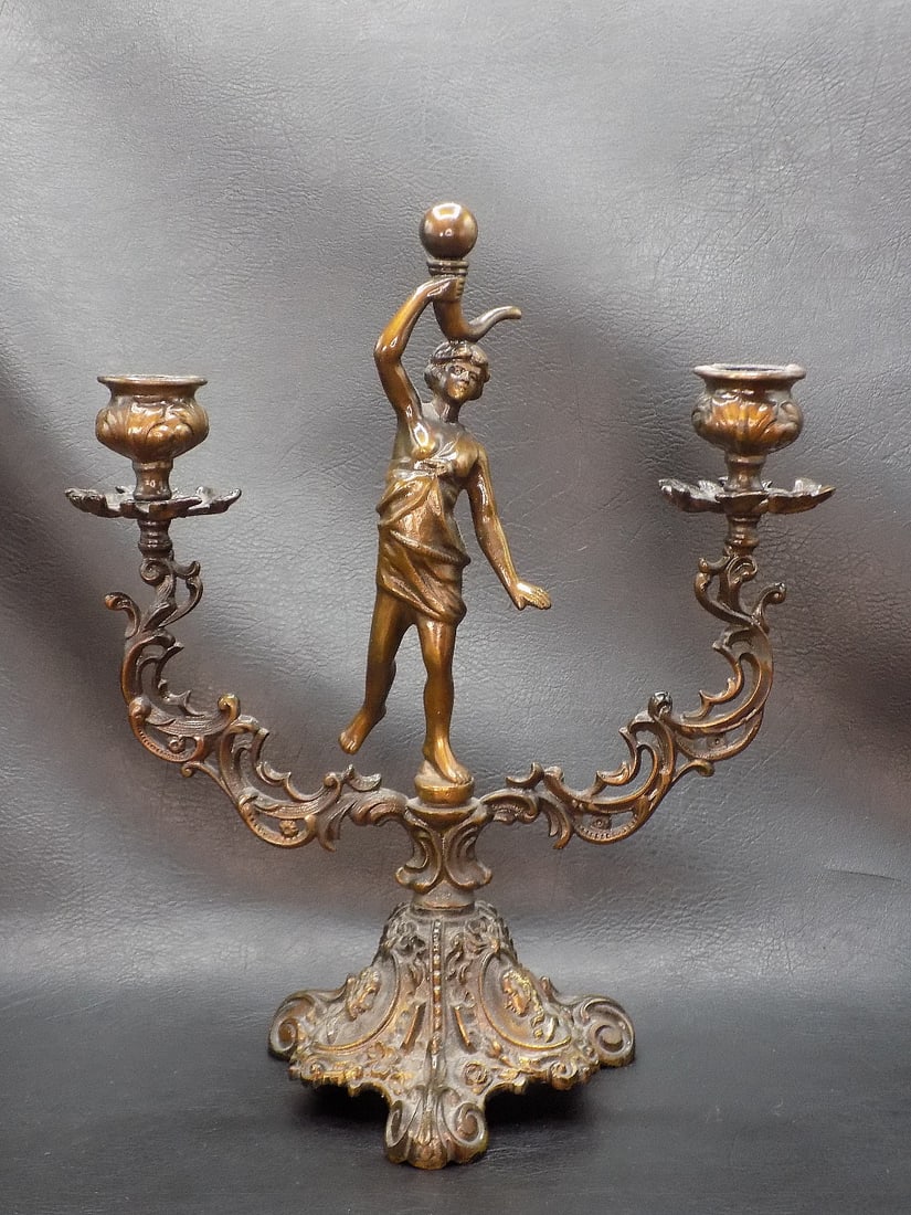 Lovely Art Nouveau bronze figural candelabra.: Lovely Art Nouveau bronze figural candelabra. Busts on base. Original patina. Marked on bottom as shown in photo. In very good original as found condition. Great quality and detail. 10 ½ inches t