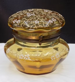 Pretty hand decorated antique art glass jewelry box.