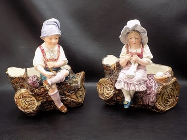 Charming pair of vintage Majolica figural vases