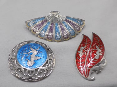 Three beautiful vintage sterling silver enamel decorated broaches