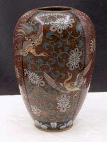 Beautiful vintage Oriental cloisonne vase with birds and flowers.