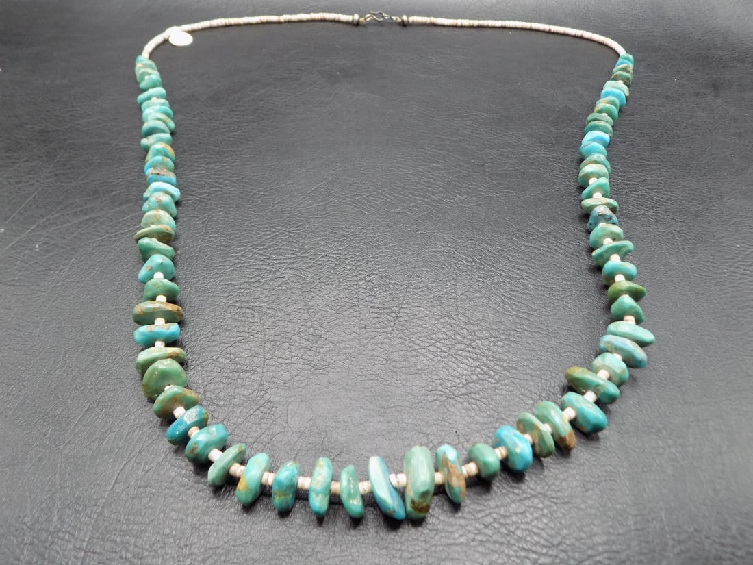 Vintage Santa Domingo turquoise and heishe necklace: Vintage Santa Domingo turquoise and heishe necklace. Beautiful colors. In very good original as found condition. Great quality and detail. 32 inches long.