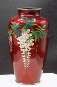 Exceptional vintage Japanese cloisonne vase with red foil leaf decoration