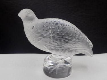 Very nice vintage signed Lalique art glass quail in original box