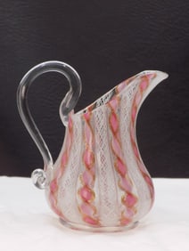 Beautiful midcentury Murano ribbon and latticino art glass pitcher.