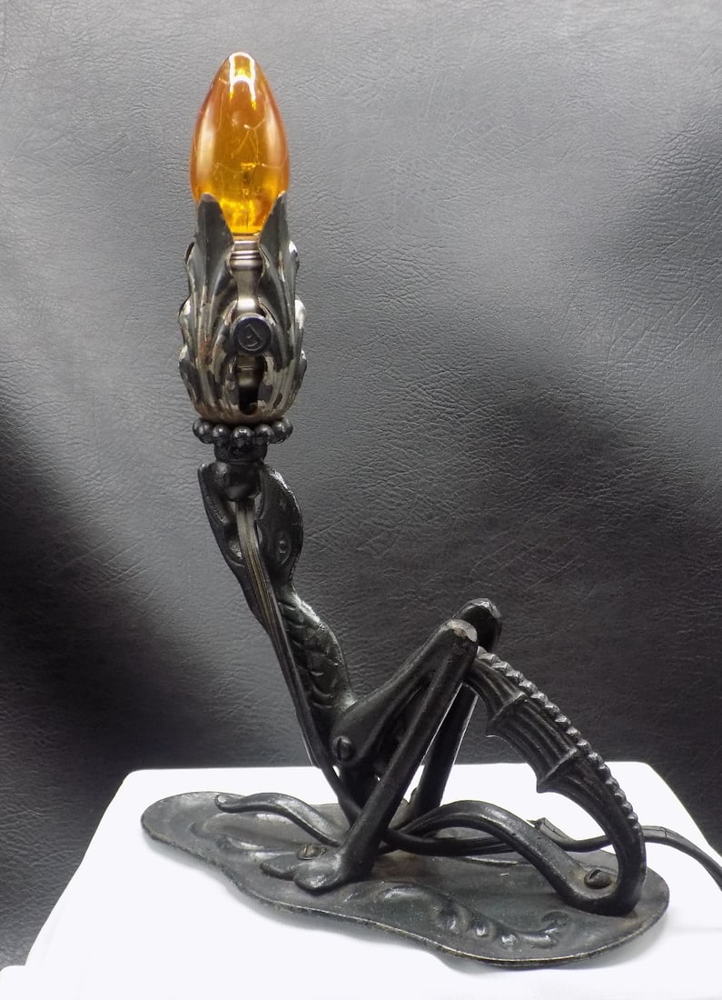 Unusual Art Deco figural lamp: Unusual Art Deco figural lamp. Original patina. Cord needs replaced. Mark Pat Applied For on bottom. In good original as found condition. Great quality and detail. 8 inches tall x 7 inches wide.
