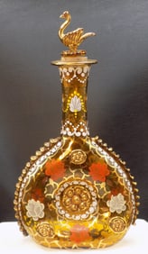 Wonderful decorated vintage art glass Moser wine bottle with swan