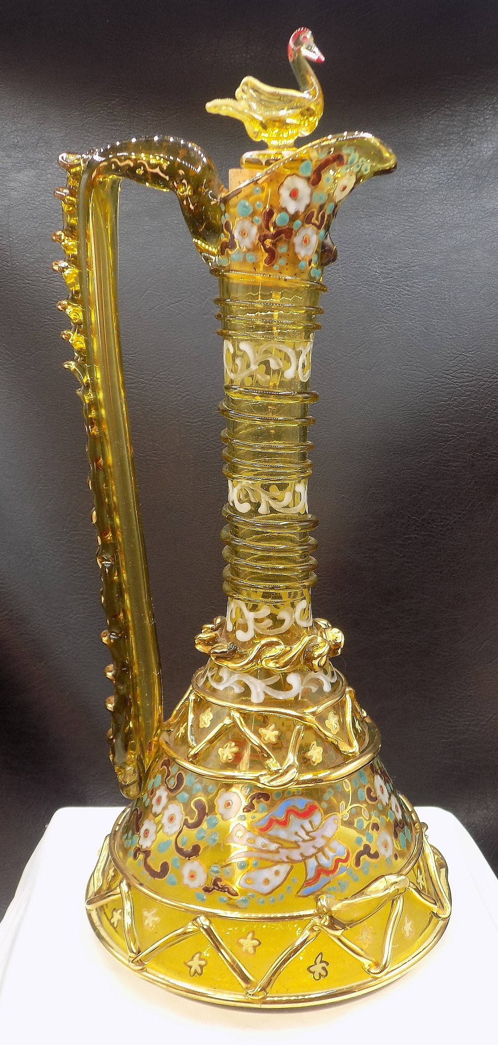 Wonderful decorated vintage art glass Moser wine ewer with swan: Wonderful decorated vintage art glass Moser wine ewer with swan. This style of Moser was made for a couple of years. Beautiful colors. In very good original as found condition. Great quality and detai