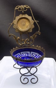 Great antique pocket watch holder with art glass bowl.