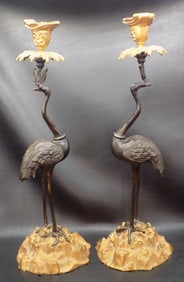 Fabulous pair of vintage bronze stork candle holders
