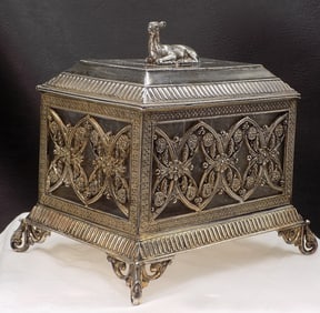 Ornate antique James Tuft silverplate jewelry box with deer and flowers
