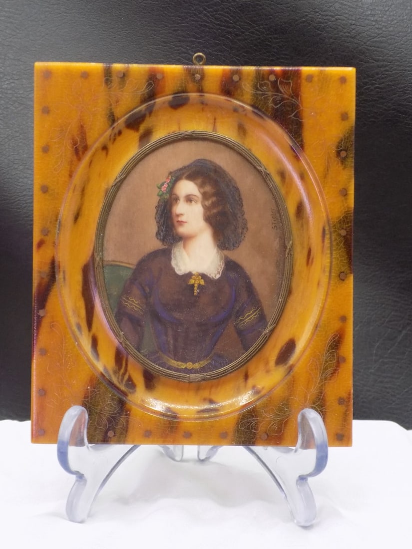 Unique antique oil painting with tortoise shell designed bakelite frame (1 of 10)