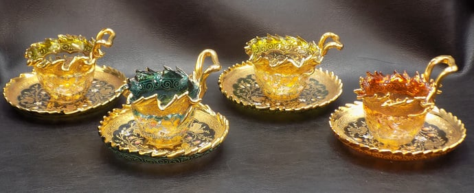 Rare set of 4 antique Moser strawberry art glass cups and saucers