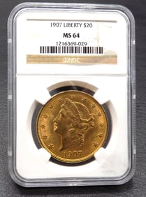 1907 Uncirculated Graded MS64 by NGC twenty dollar gold coin
