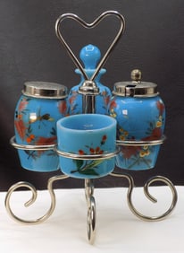 Cute vintage hand painted art glass condiment set