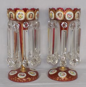 An incredible pair of antique decorated Moser art glass lusters