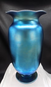 Exceptional large antique blue aurene iridescent signed Steuben art glass vase