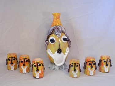 Vintage Fratelli Toso Murano art glass clown decanter and six glasses.