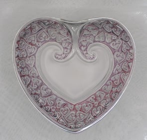 Beautiful signed R Lalique art glass heart shaped colored dresser box.