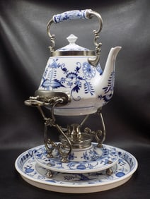 Rare antique Meissen onion pattern warming tilting teapot