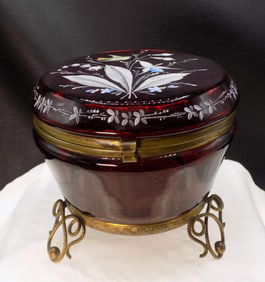 Beautiful decorated antique deep red art glass large footed jewelry box