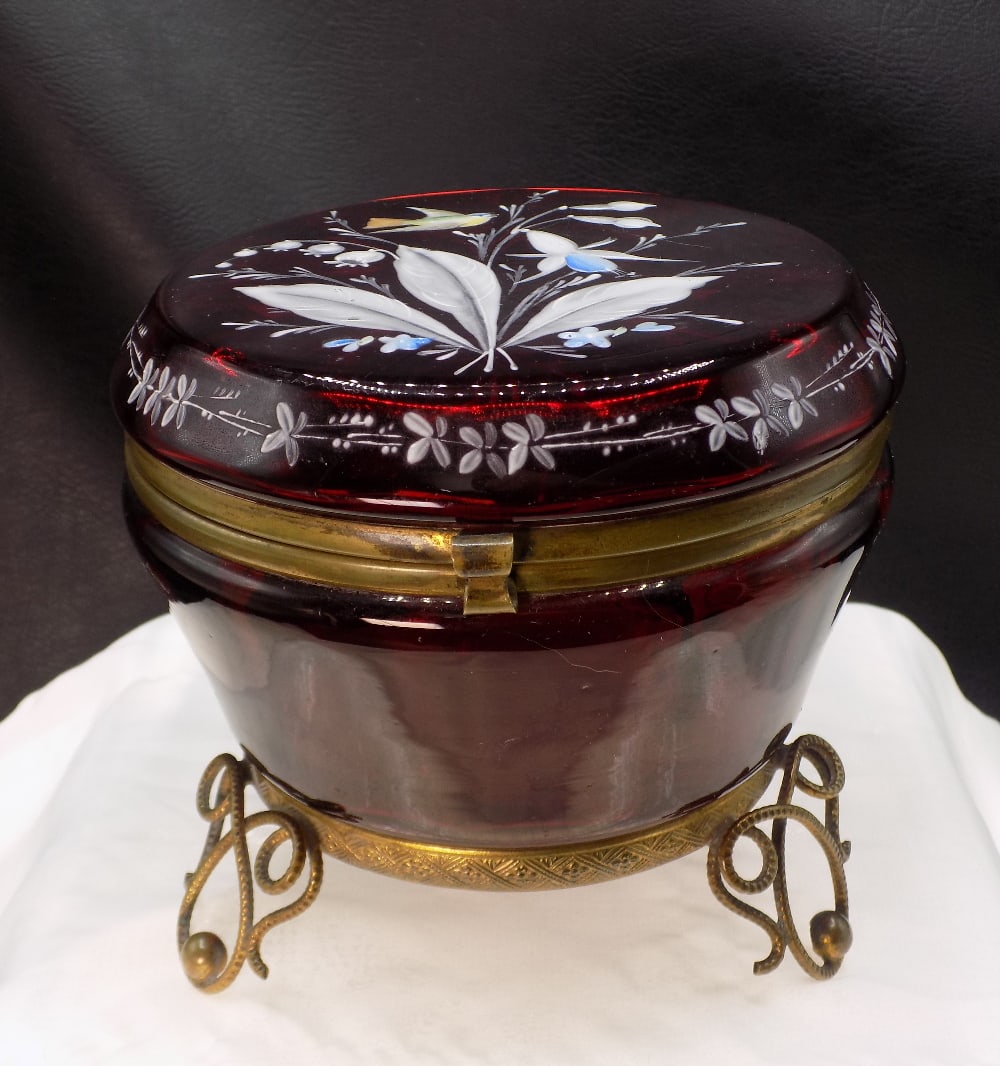 Beautiful decorated antique deep red art glass large footed jewelry box (1 of 7)