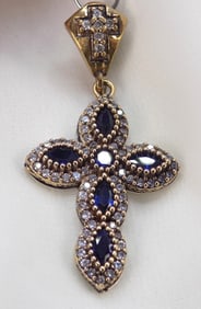 Beautiful 2 cwt blue sapphire and topaz sterling silver pendant with two crosses