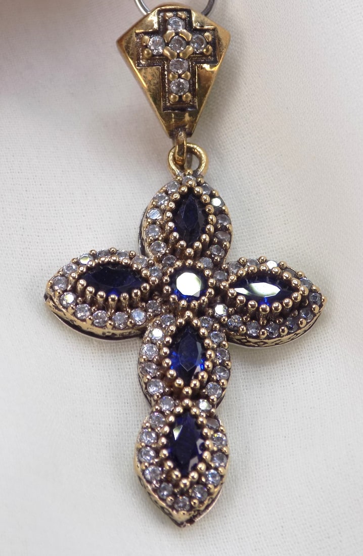 Beautiful 2 cwt blue sapphire and topaz sterling silver pendant with two crosses (1 of 5)