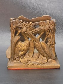 Unusual vintage cast metal match or toothpick holder with pelicans and alligators