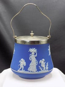 Splendid antique Wedgewood Jasperware cracker jar.