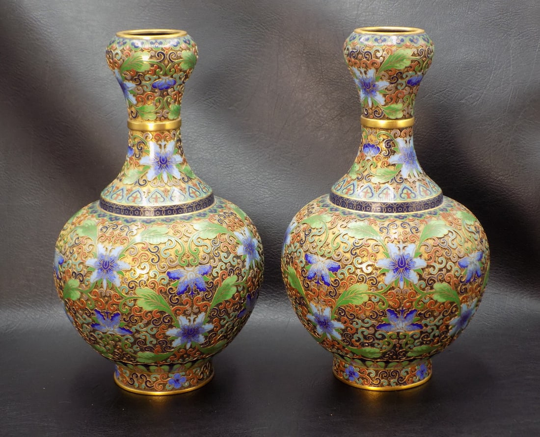 Marvelous pair of vintage Oriental cloisonne floral relief vases (1 of 9)