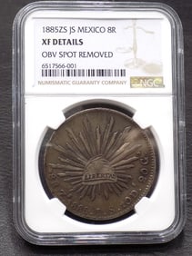 1885 eight Reales graded XF by NGC silver coin