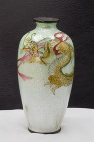 Fine vintage Oriental fish scale cloisonne vase with dragon