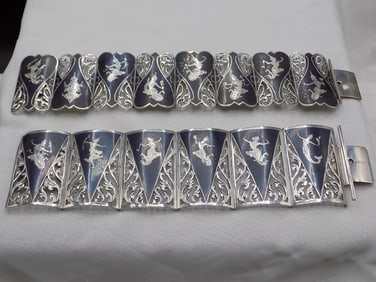 Two ornate vintage sterling silver Siam bracelets