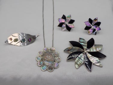 Five vintage sterling silver and abalone necklace